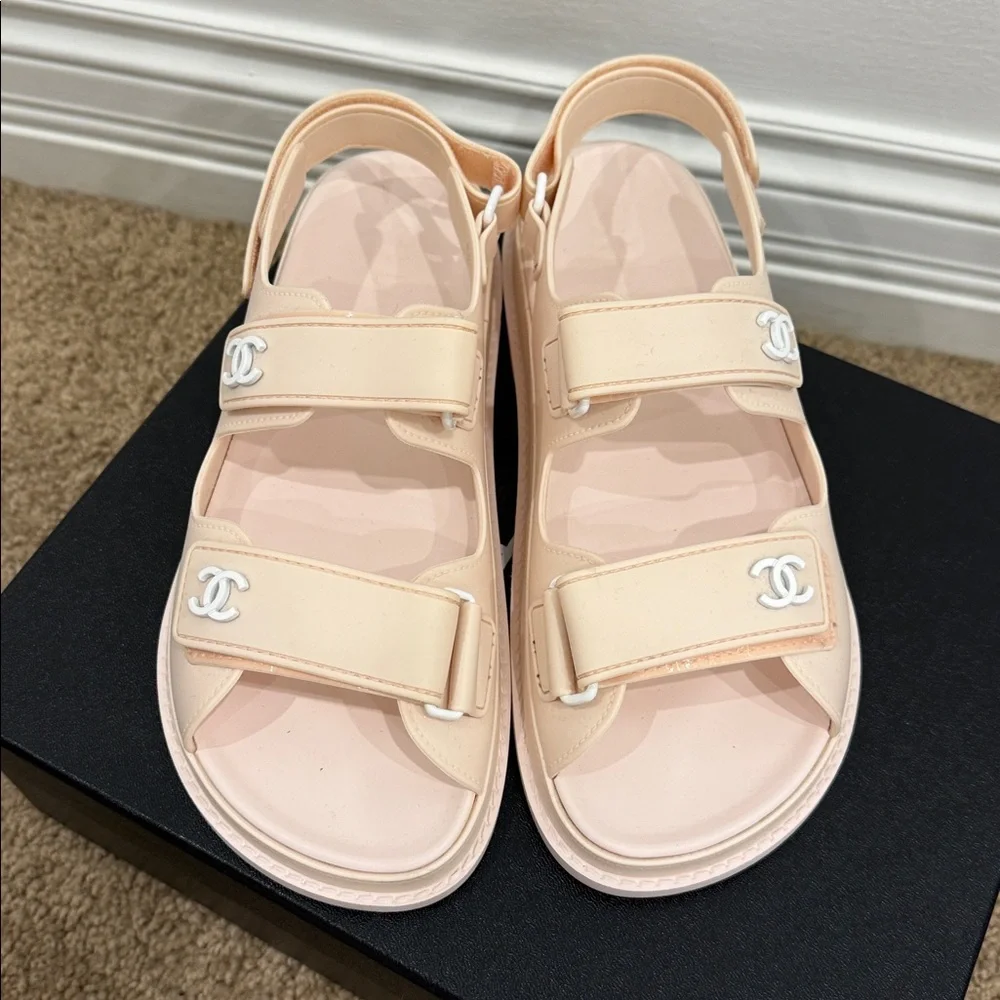Chanel CC Sport Dad Sandals Pastel Pink Rubber Size 37 Worn Once